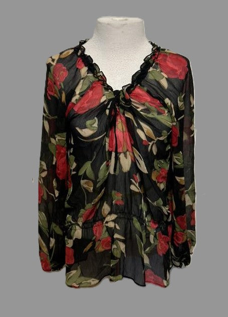 New York & Co. Women's Gathered Red Design Long Sleeve Shirt - size M