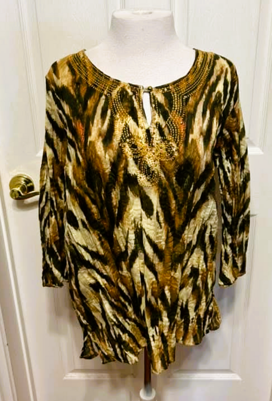 Top marrón con estampado animal de manga 3/4 - Talla M