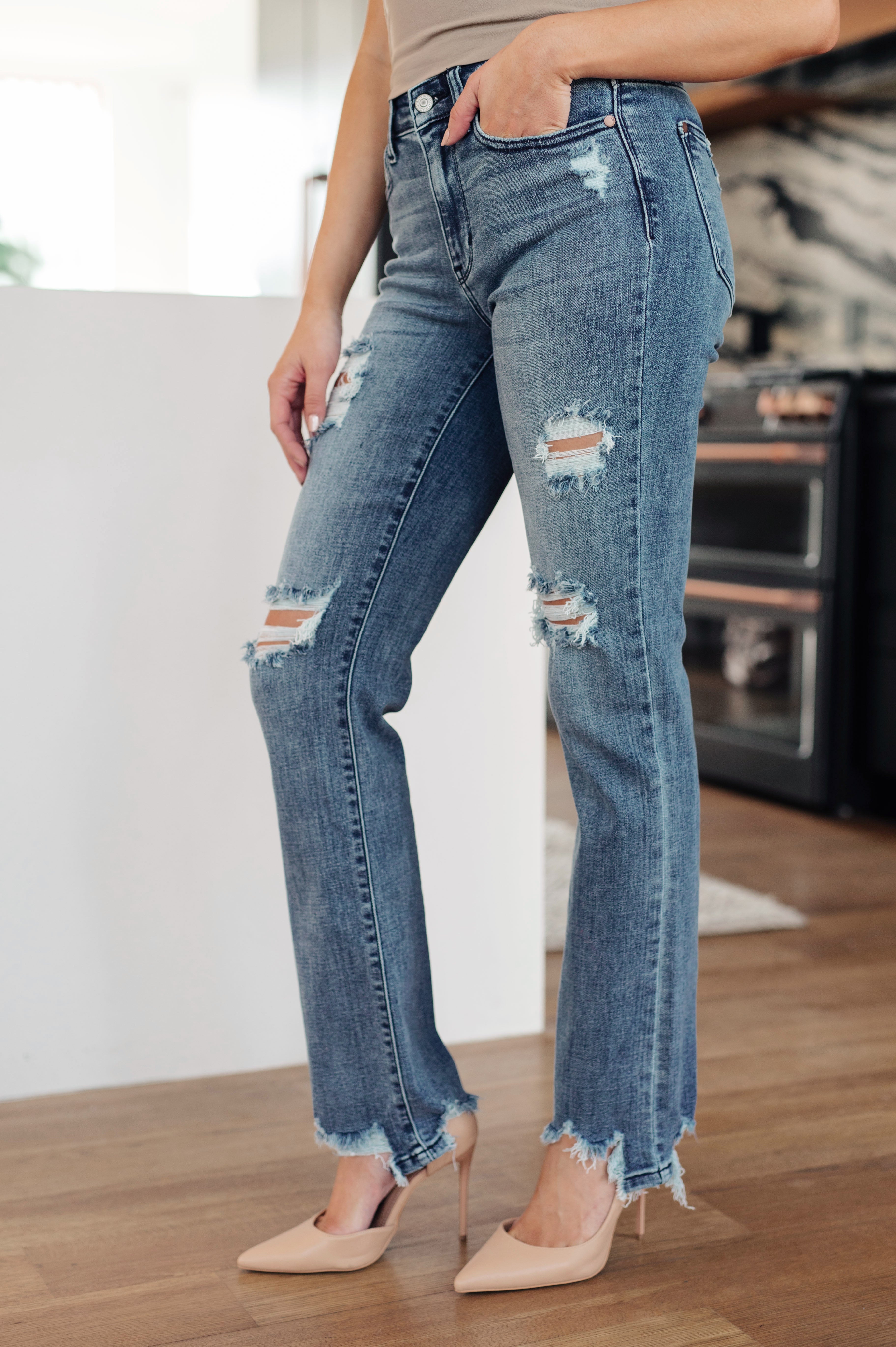 O'Hara Destroyed Raw Hem Mid Rise Straight Jeans