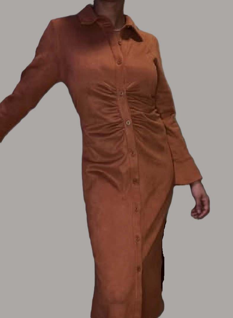 Burnt Orange Rihoas Suede Ruched Long Sleeve Midi Dress - size S