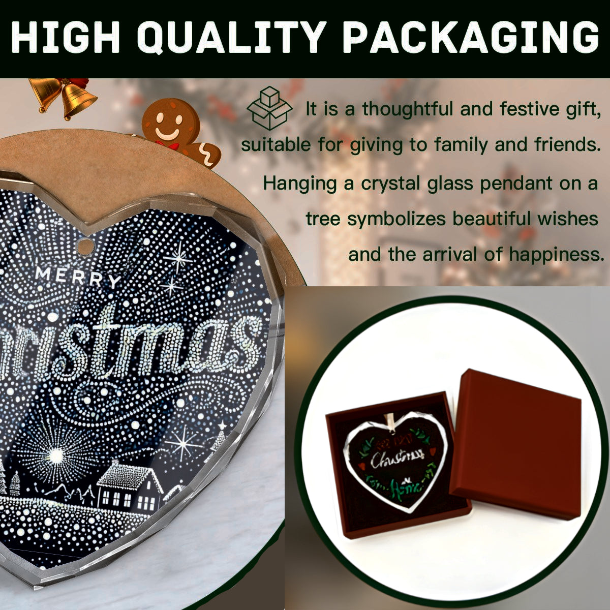 Merry Christmas in Lights Heart Shaped Glass Ornament