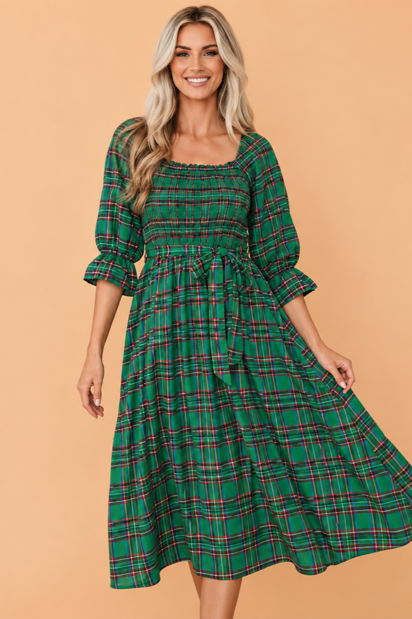 Plaid Square Neck Puff Sleeve Belted Midi Dress