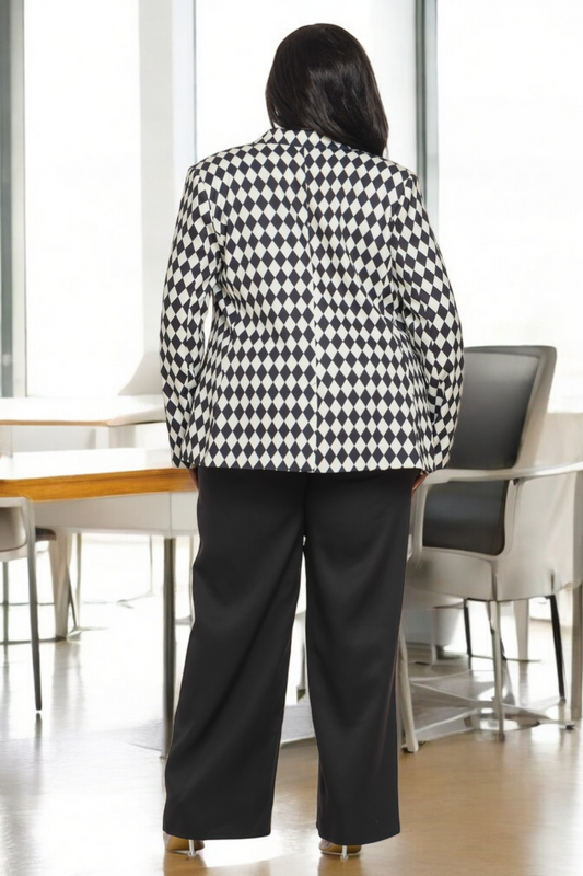 Boss Babe Checkered Print Double Breasted Plus Size Pant Suit - Black