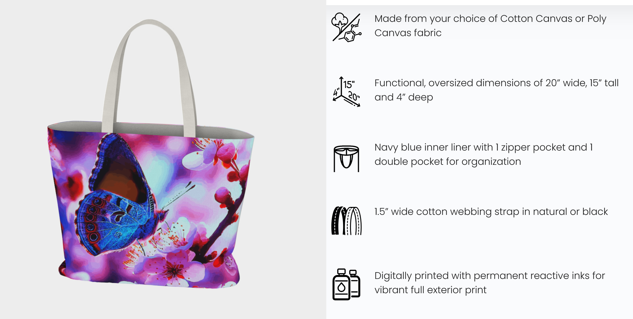 Butterfly with Cherry Blossoms Oversized Canvas Tote Bag