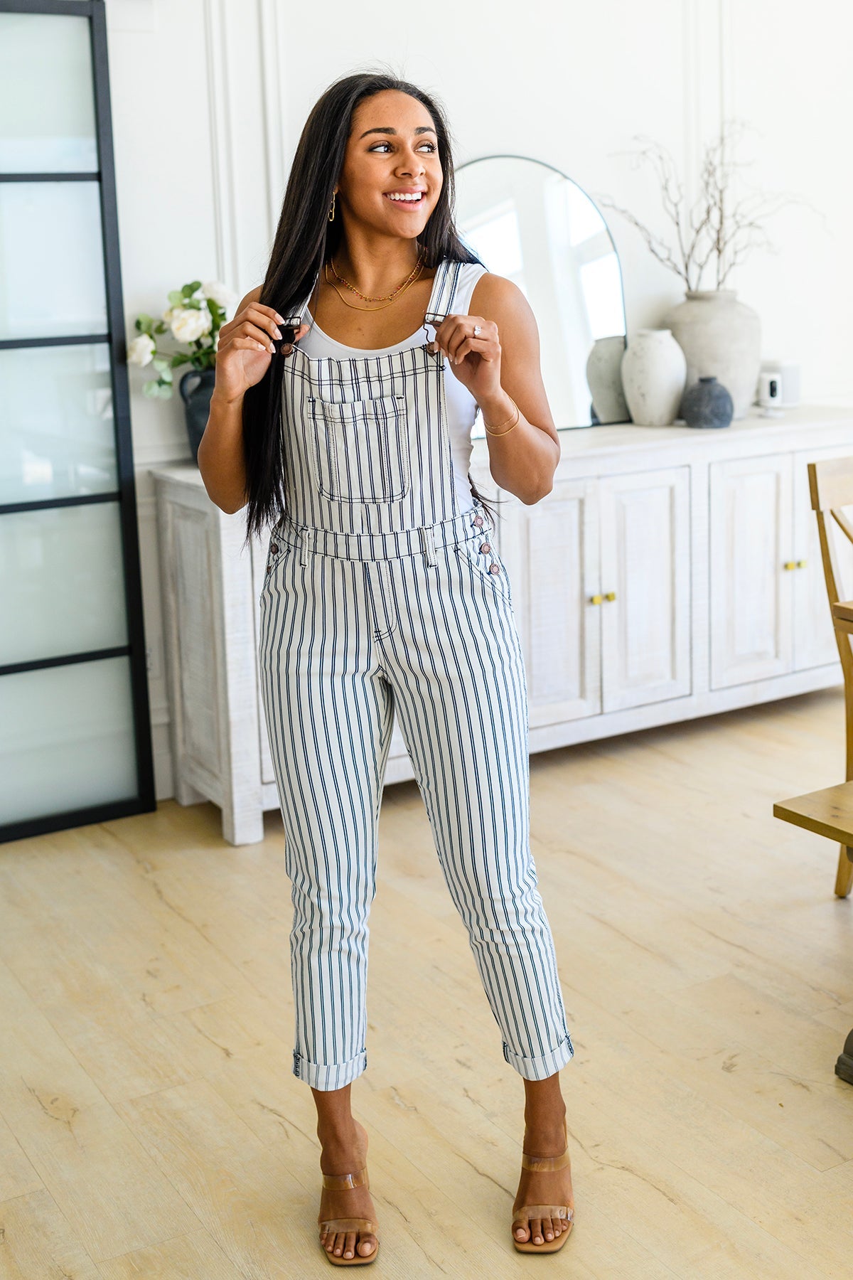 Women's Railroad Stripe Overalls with Adjustable Straps