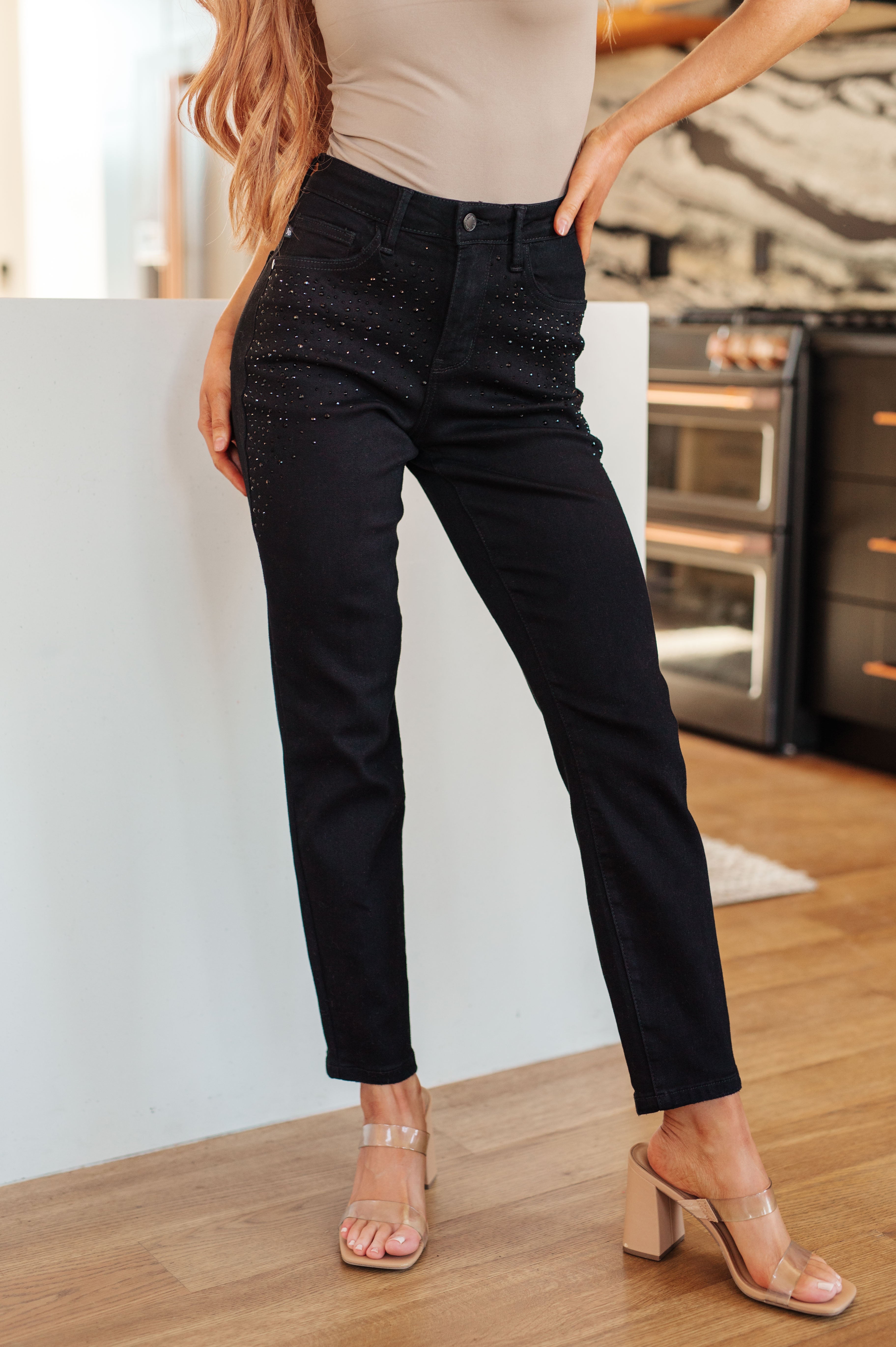 Reese Rhinestone High Rise Slim Fit Jeans in Black