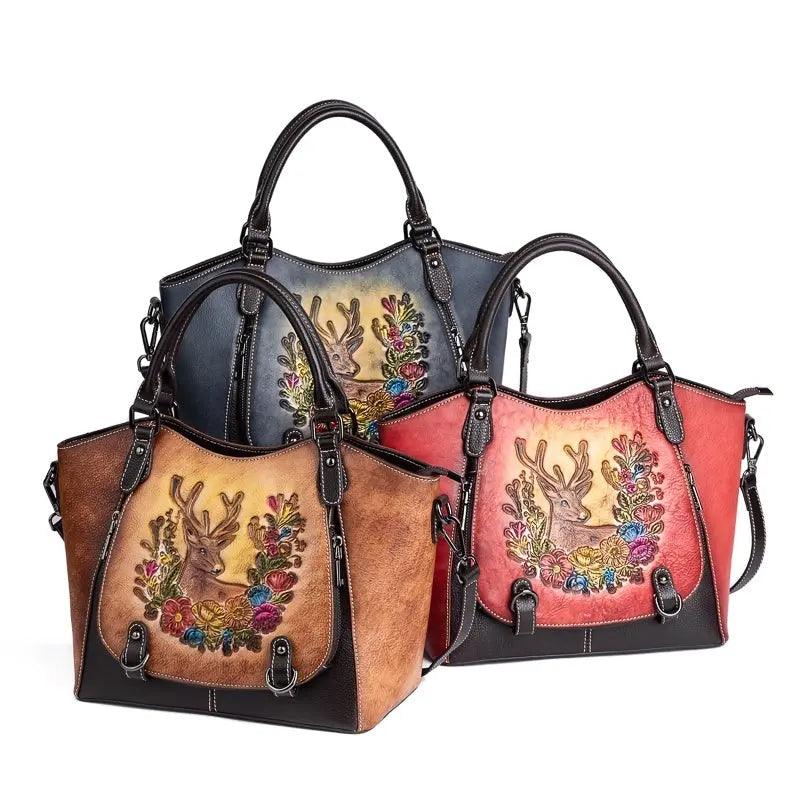 Vintage Deerskin Leather Handbag with Deer and Flower Artwork