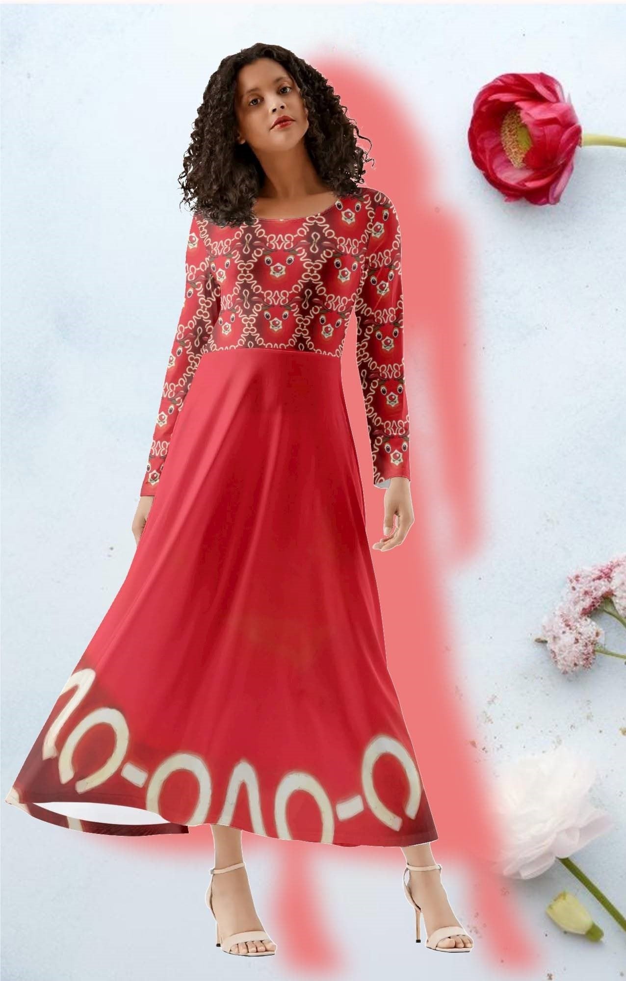 Women's Red Rudolph Christmas Flowy Maxi Dress