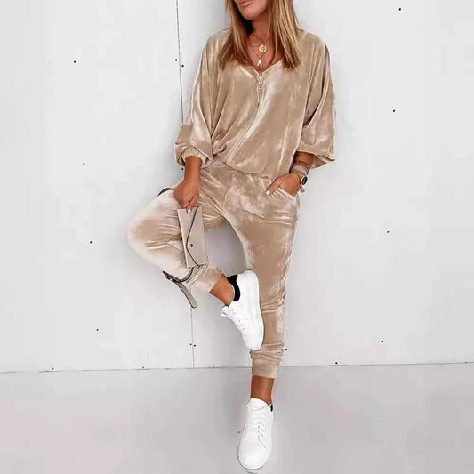 Golden Velvet Jogger Set - Long-sleeved Zipper Casual Suit 2 Piece Loungewear