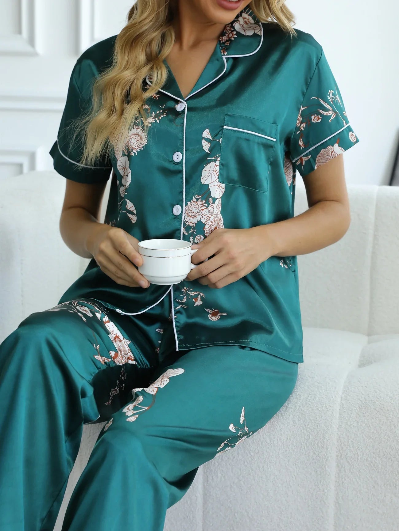 Green Floral Satin Pajamas Short Sleeve Top & Long Pants Loungewear Set