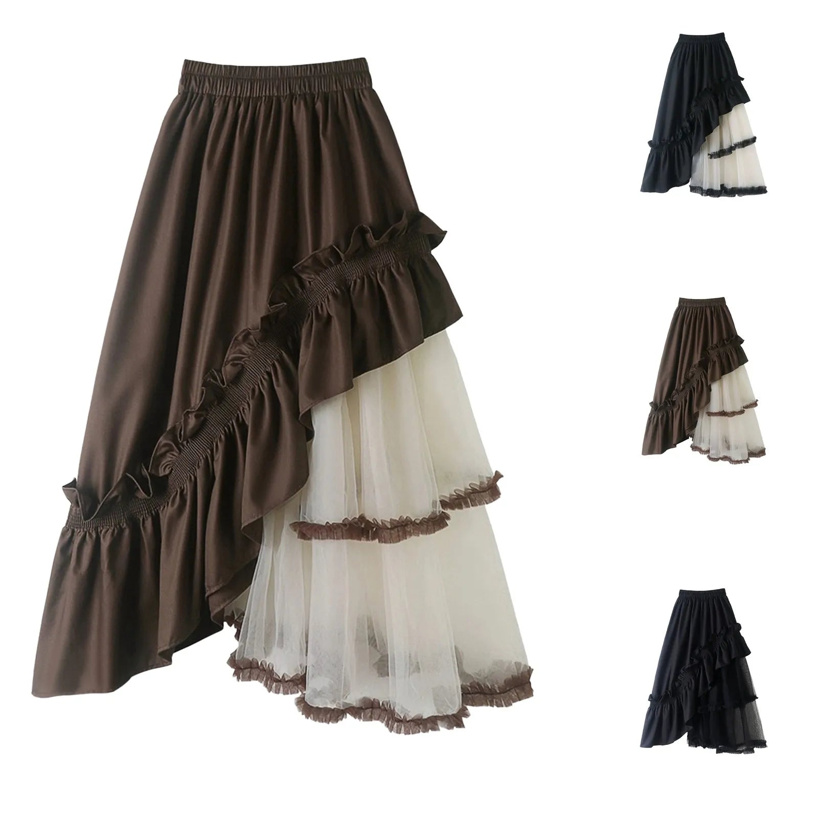 Women's Asymmetrical Skirt Contrast Color Layer Elastic Waist Designer Chic Long Skirt Wedding Party Ruffled Brim A Line Skirt