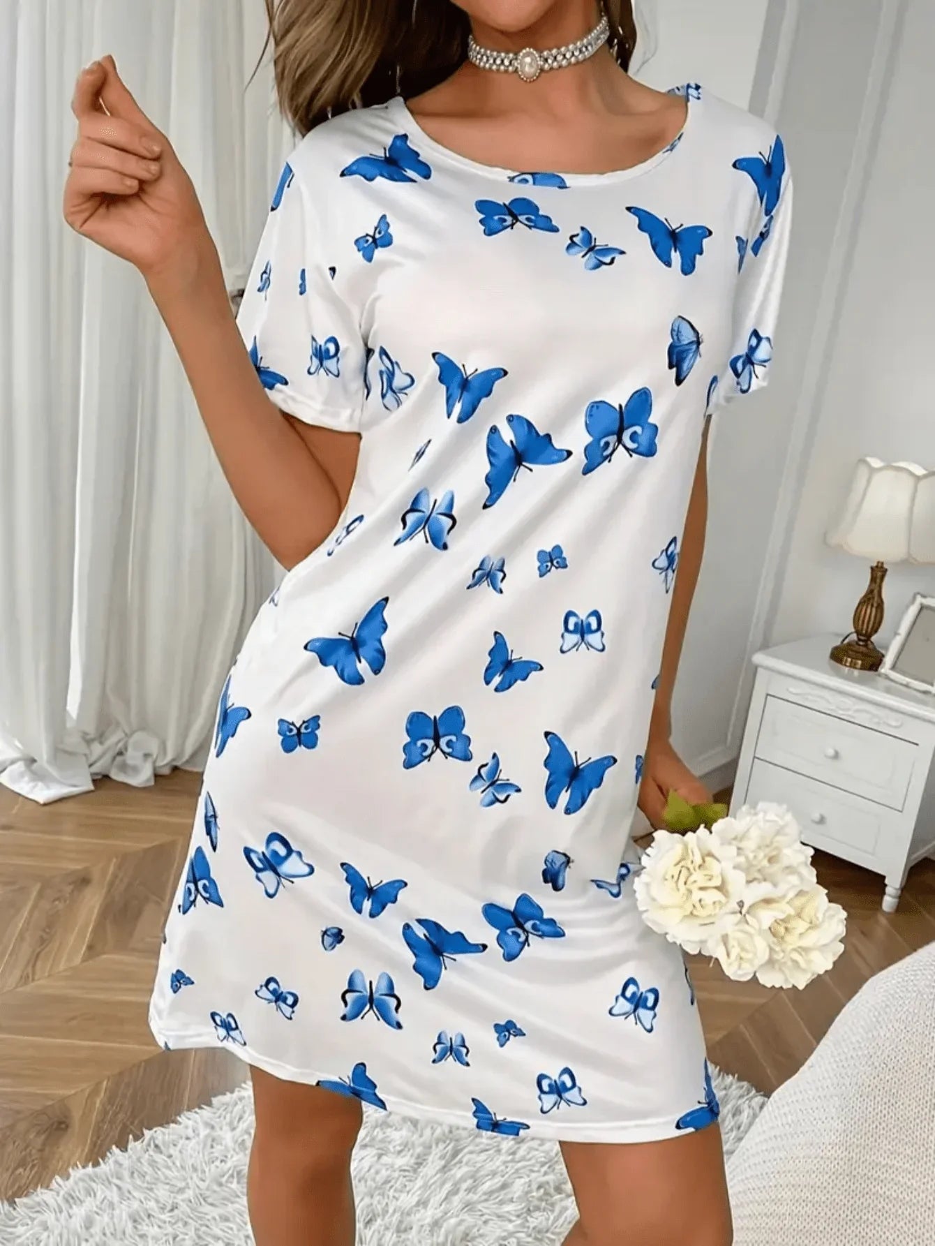 Butterfly Print Short-Sleeved Loose Women's Nightgown Loungewear