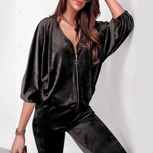 Golden Velvet Jogger Set - Long-sleeved Zipper Casual Suit 2 Piece Loungewear