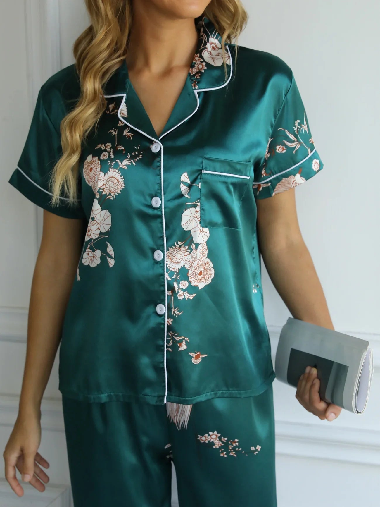 Green Floral Satin Pajamas Short Sleeve Top & Long Pants Loungewear Set
