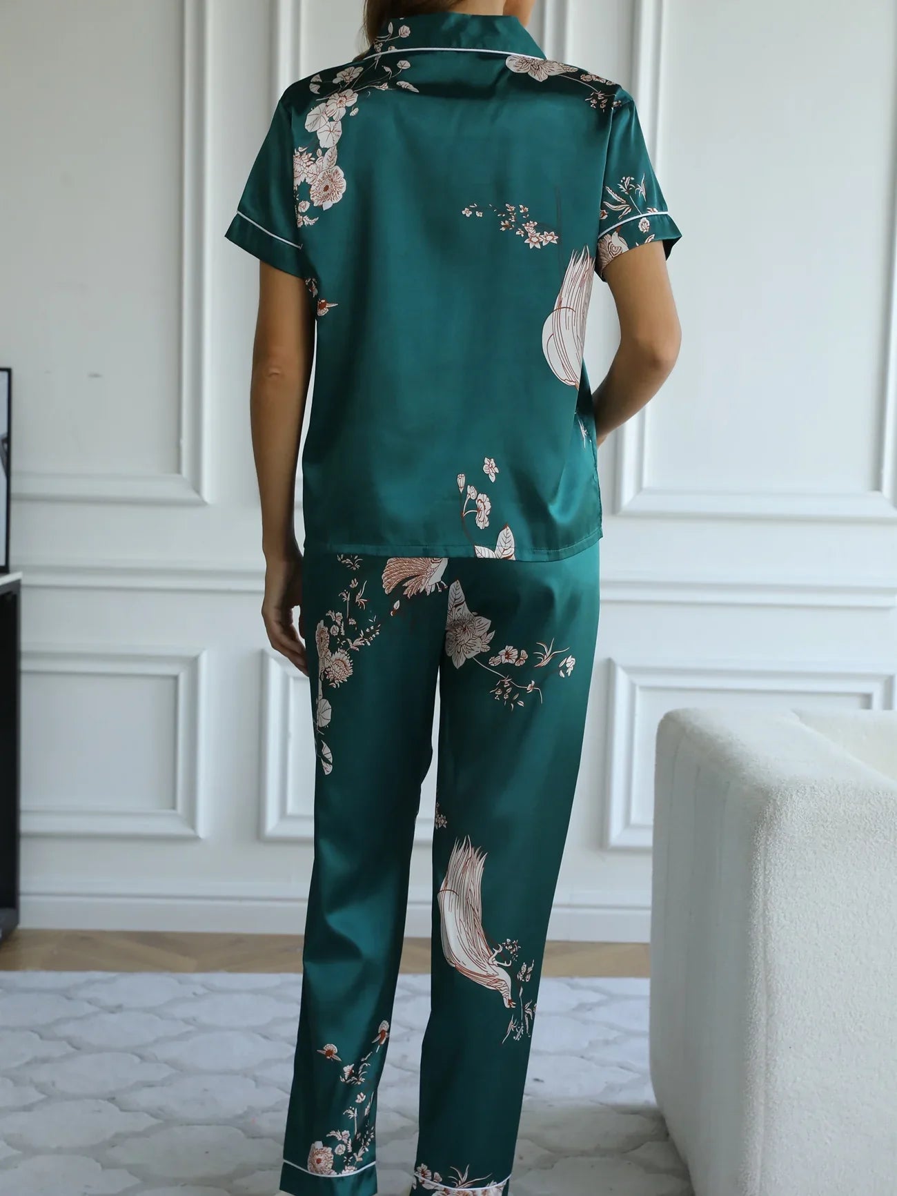 Green Floral Satin Pajamas Short Sleeve Top & Long Pants Loungewear Set
