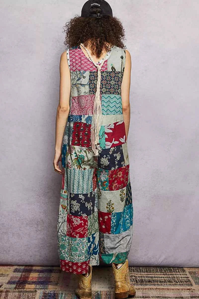 Sage Multi Sleeveless Patchwork Wide Leg Jumpsuit wtih Pockets by POL