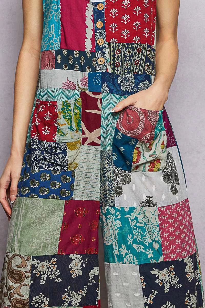 Sage Multi Sleeveless Patchwork Wide Leg Jumpsuit wtih Pockets by POL