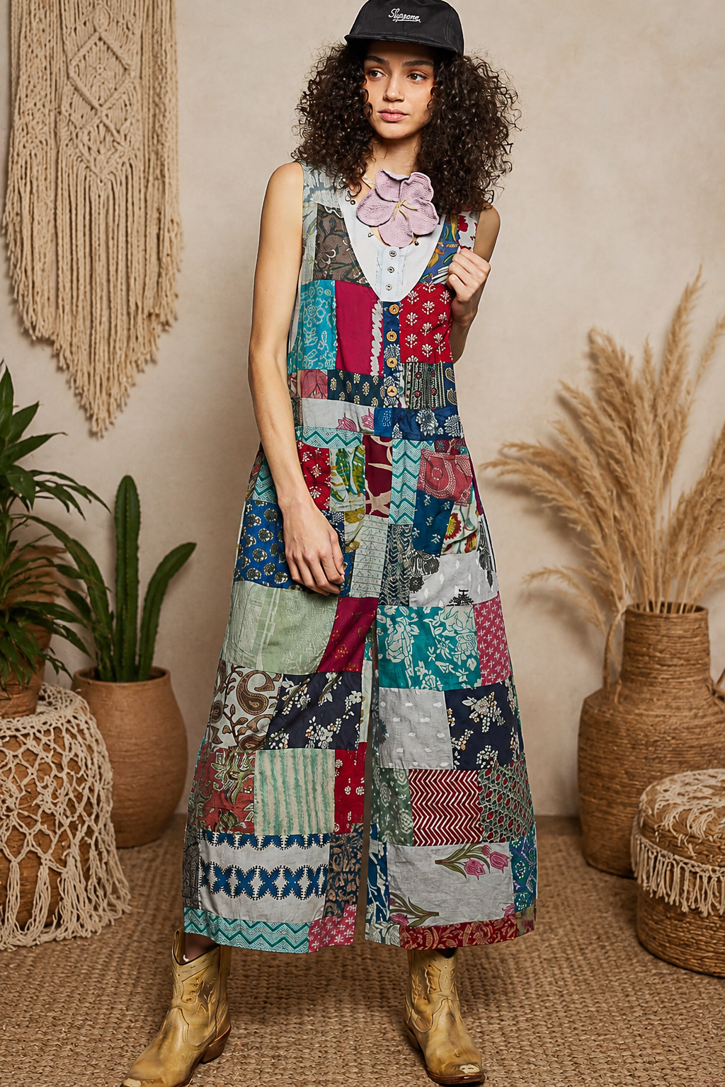 Sage Multi Sleeveless Patchwork Wide Leg Jumpsuit wtih Pockets by POL