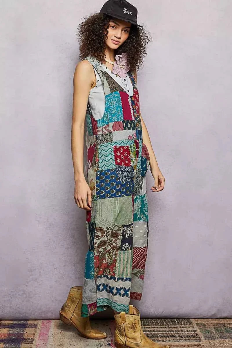 Sage Multi Sleeveless Patchwork Wide Leg Jumpsuit wtih Pockets by POL