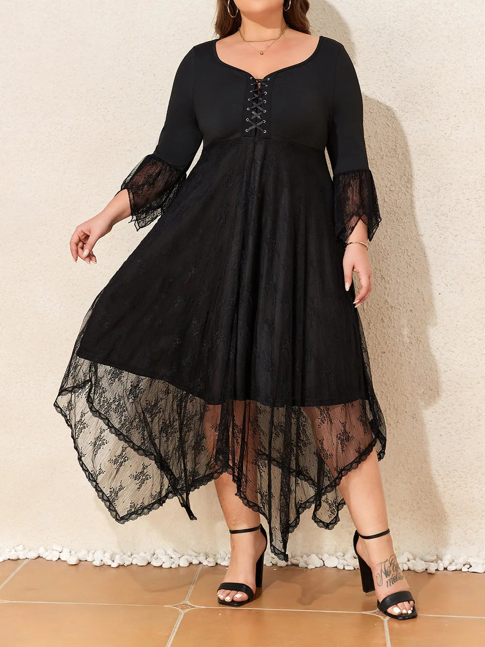 Women's Plus Size Black Lace Midi Dress