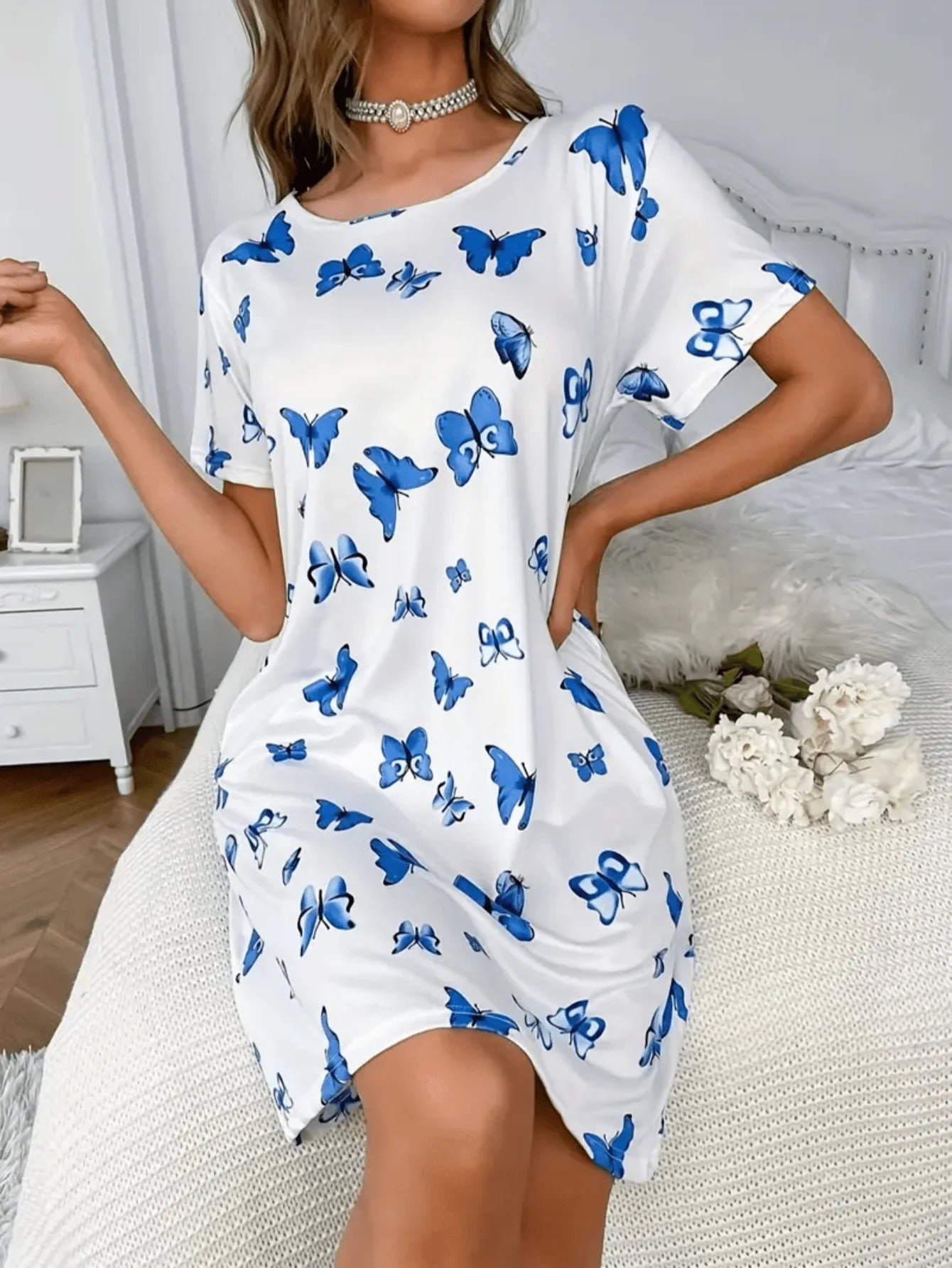 Butterfly Print Short-Sleeved Loose Women's Nightgown Loungewear