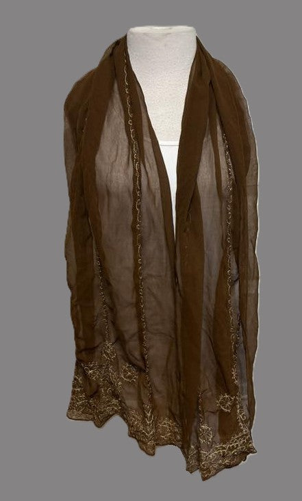 Brown Shear Fabric Shawl with Gold Trim