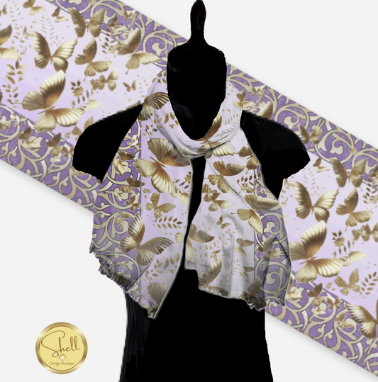 Silhouette of a person wearing a butterfly-patterned scarf with a visible brand logo on a white background.