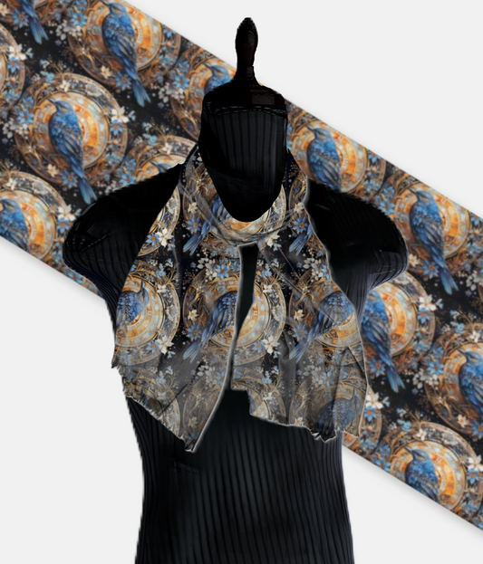 Blue Birds on Navy Pashmina Scarf