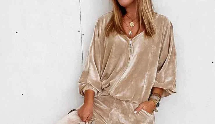 Golden Velvet Jogger Set - Long-sleeved Zipper Casual Suit 2 Piece Loungewear