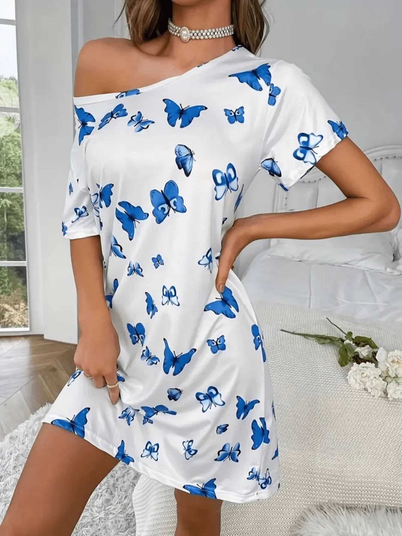Butterfly Print Short-Sleeved Loose Women's Nightgown Loungewear