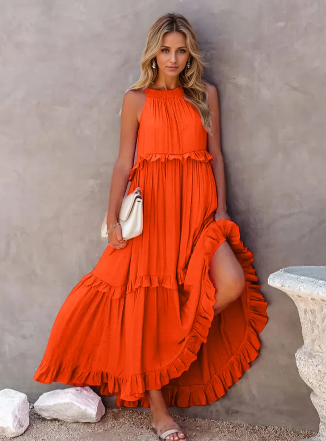 Ruffled Sleeveless Tiered Maxi Dress with Pockets