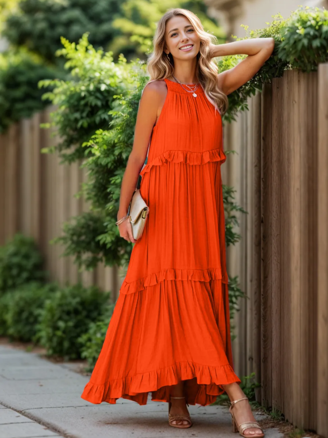 Ruffled Sleeveless Tiered Maxi Dress with Pockets