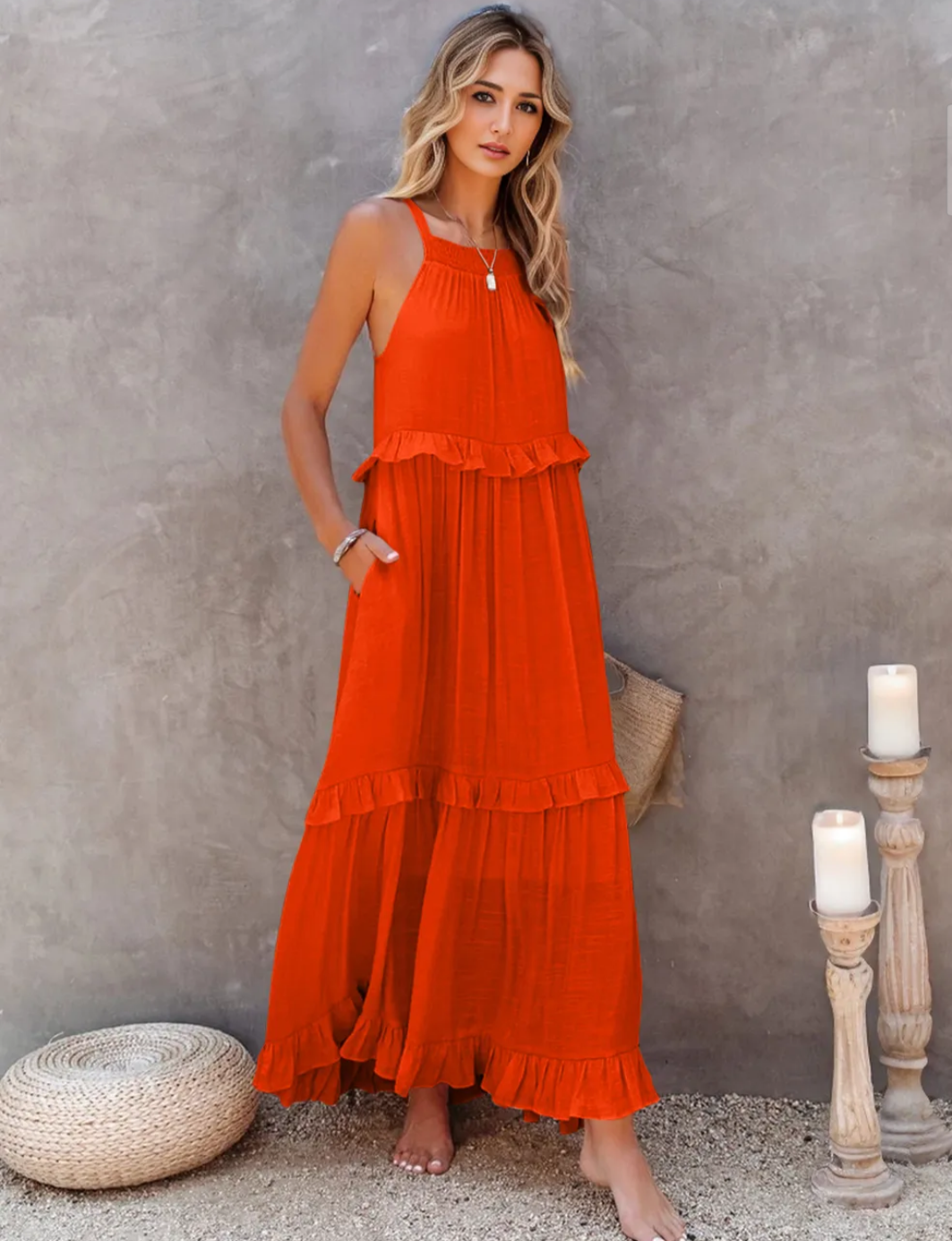 Ruffled Sleeveless Tiered Maxi Dress with Pockets