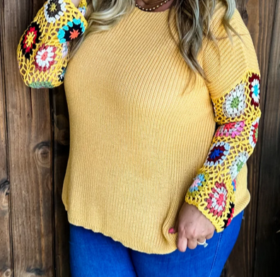 Mustard Colored Crochet Sleeve Block Sweater - Size 2XL