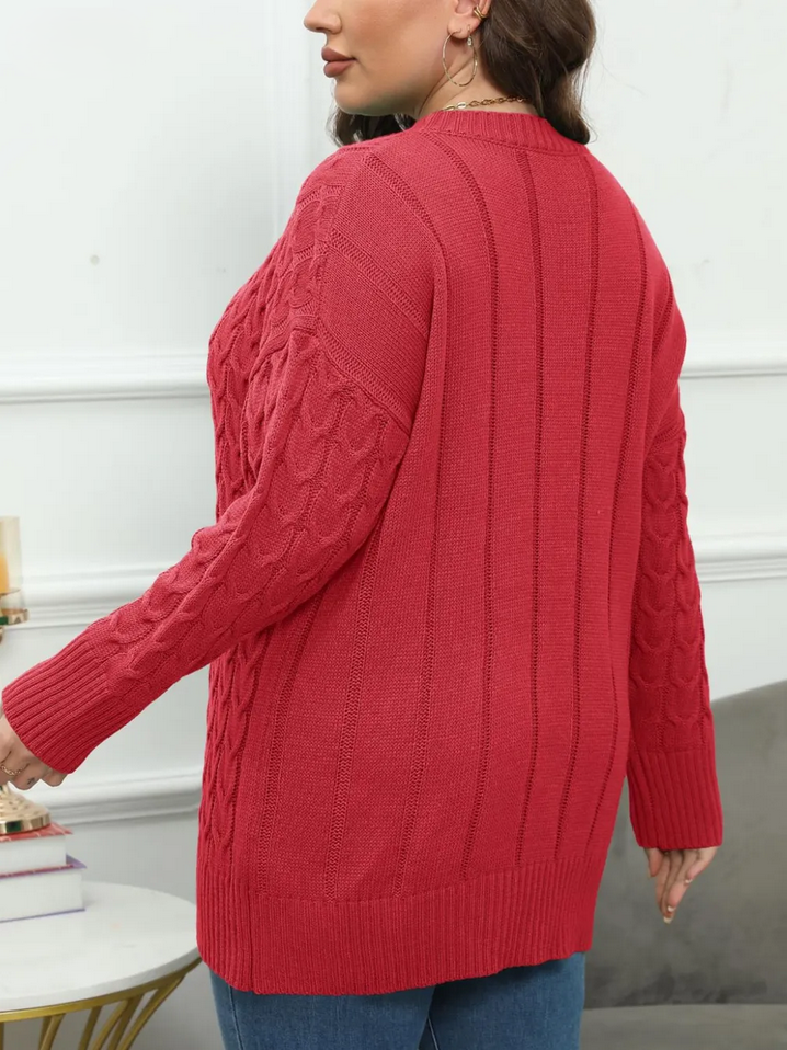 Women's Deep Red Plus Size Round Neck Long Sleeve Sweater