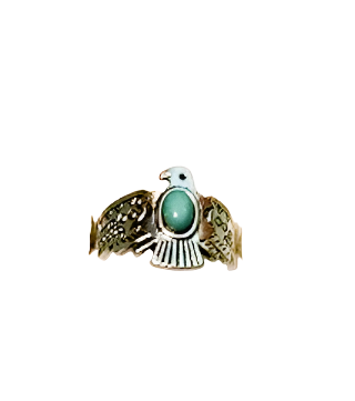 Anillo vintage con diseño de águila y piedra turquesa, metal plateado, estilo bohemio.