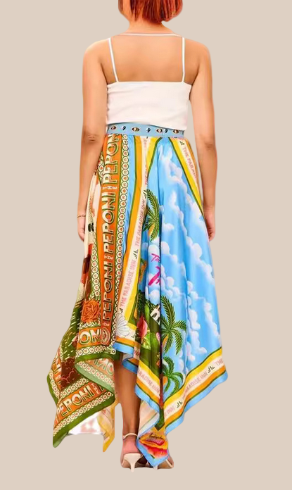 Woman wearing a colorful patterned scarf as a skirt on a beige background