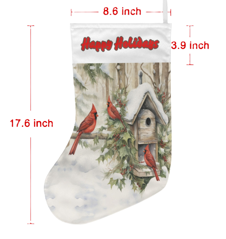 Happy Holidays Red Birds in Snow Christmas Stocking - Double sided print (Made in USA)