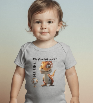 Child wearing a gray onesie with dinosaur graphics and text on a gradient background