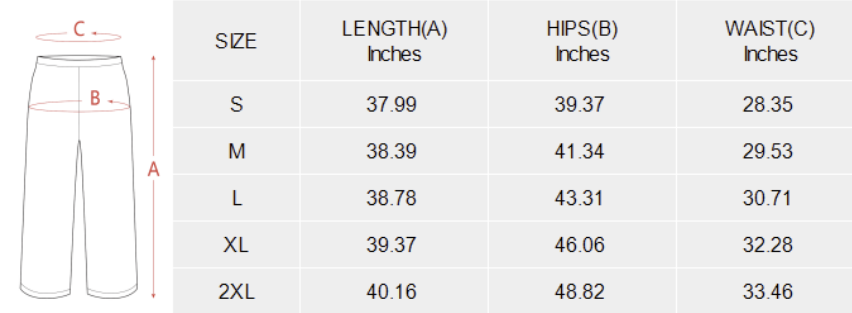 Measurement chart for pants with size labels and corresponding measurements in inches.