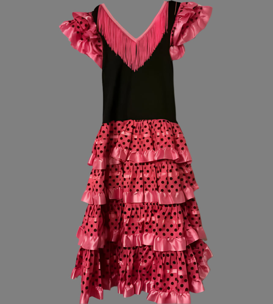 Black and pink dress with ruffled layers on a grey background