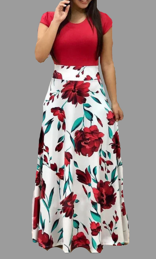 Women's Red Floral Short Sleeve Maxi Dress - size 1XL