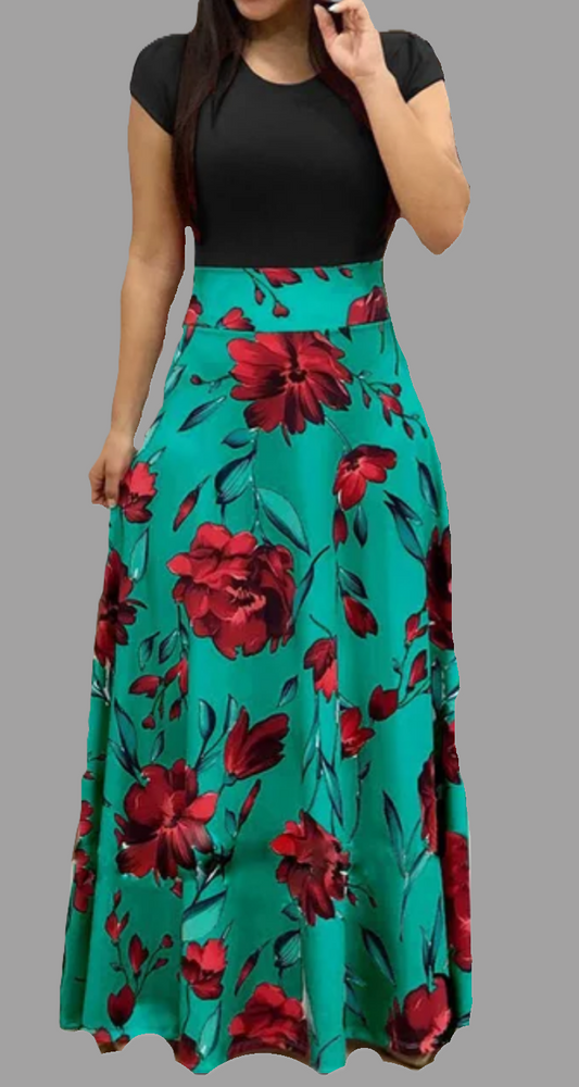 Women's Teal Floral Short Sleeve Maxi Dress - size 2XL