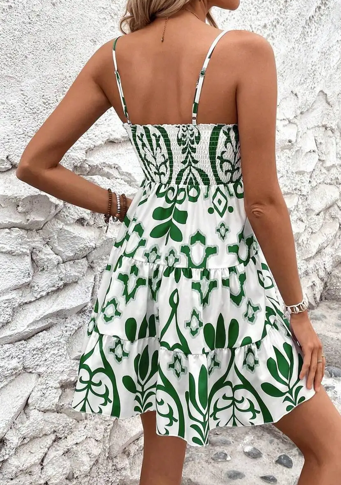 Women's Fashion White with Boho Print Shirred Mini Dress