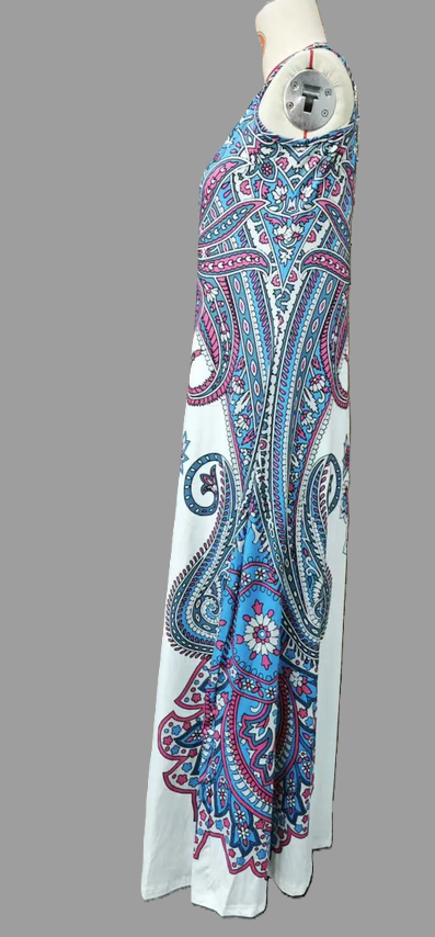 White Handkerchief Design V-neck Sleeveless Print Maxi Dress