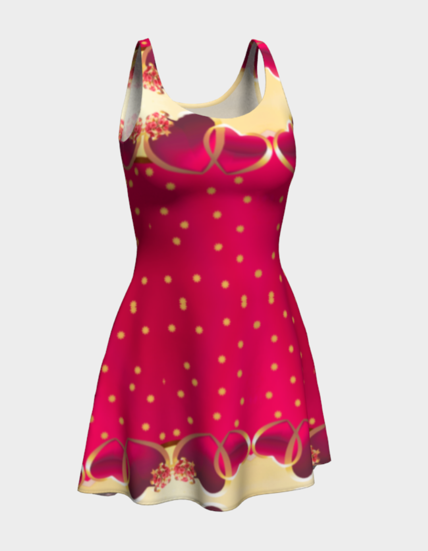 Golden Hearts on Red Background Flared Short Dress
