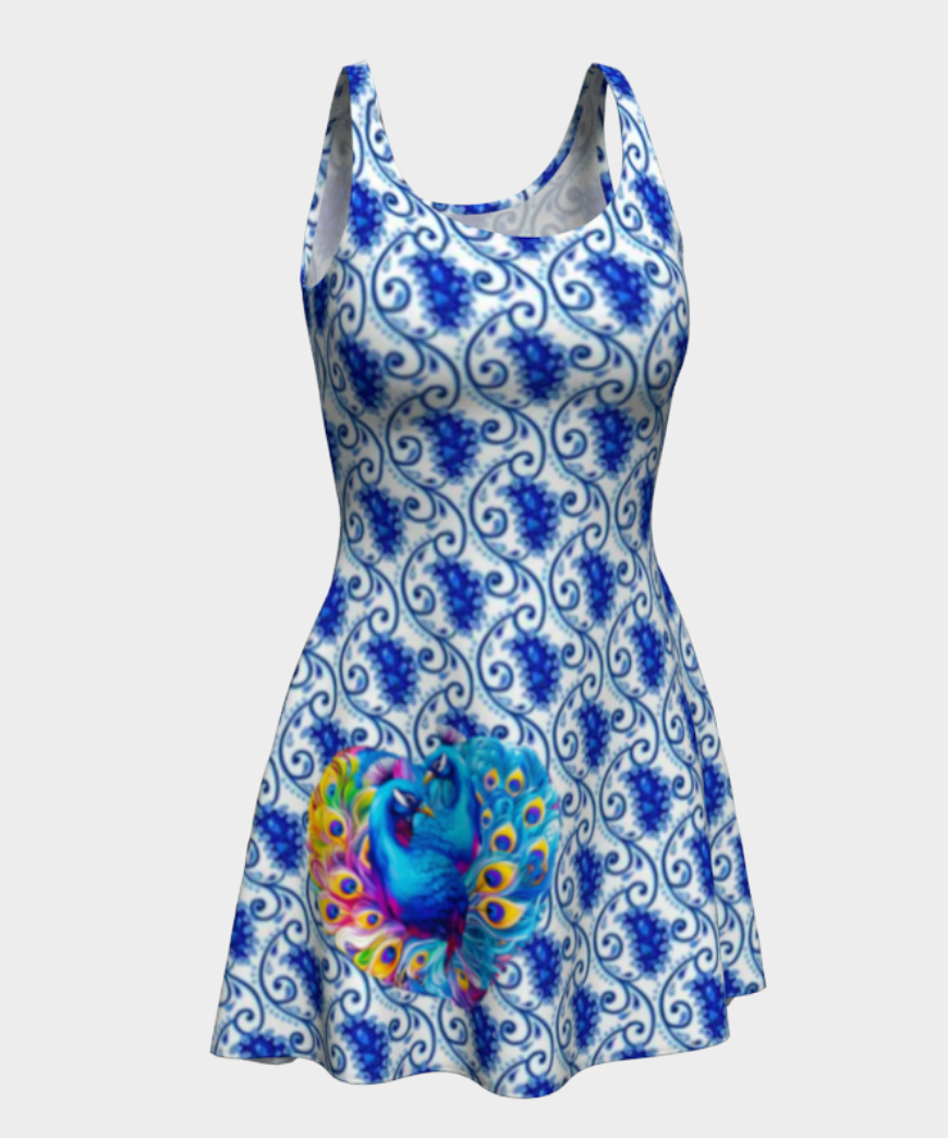 Blue Peacocks Flared Short Dress