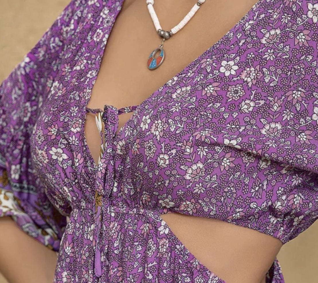 Women's Purple Tied Front Cutout Printed Romper