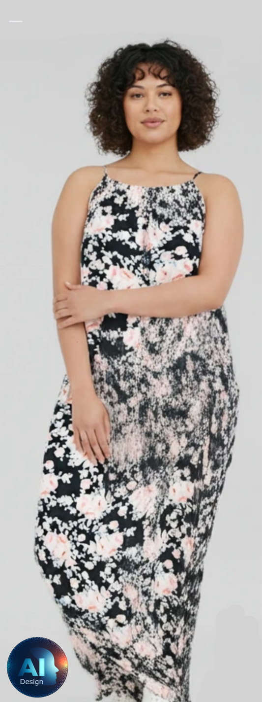 Woman wearing a floral dress against a plain background