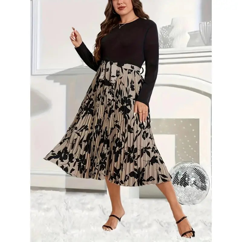 Women's Fashionable Party Floral Print Belted Plus Size Midi Dress